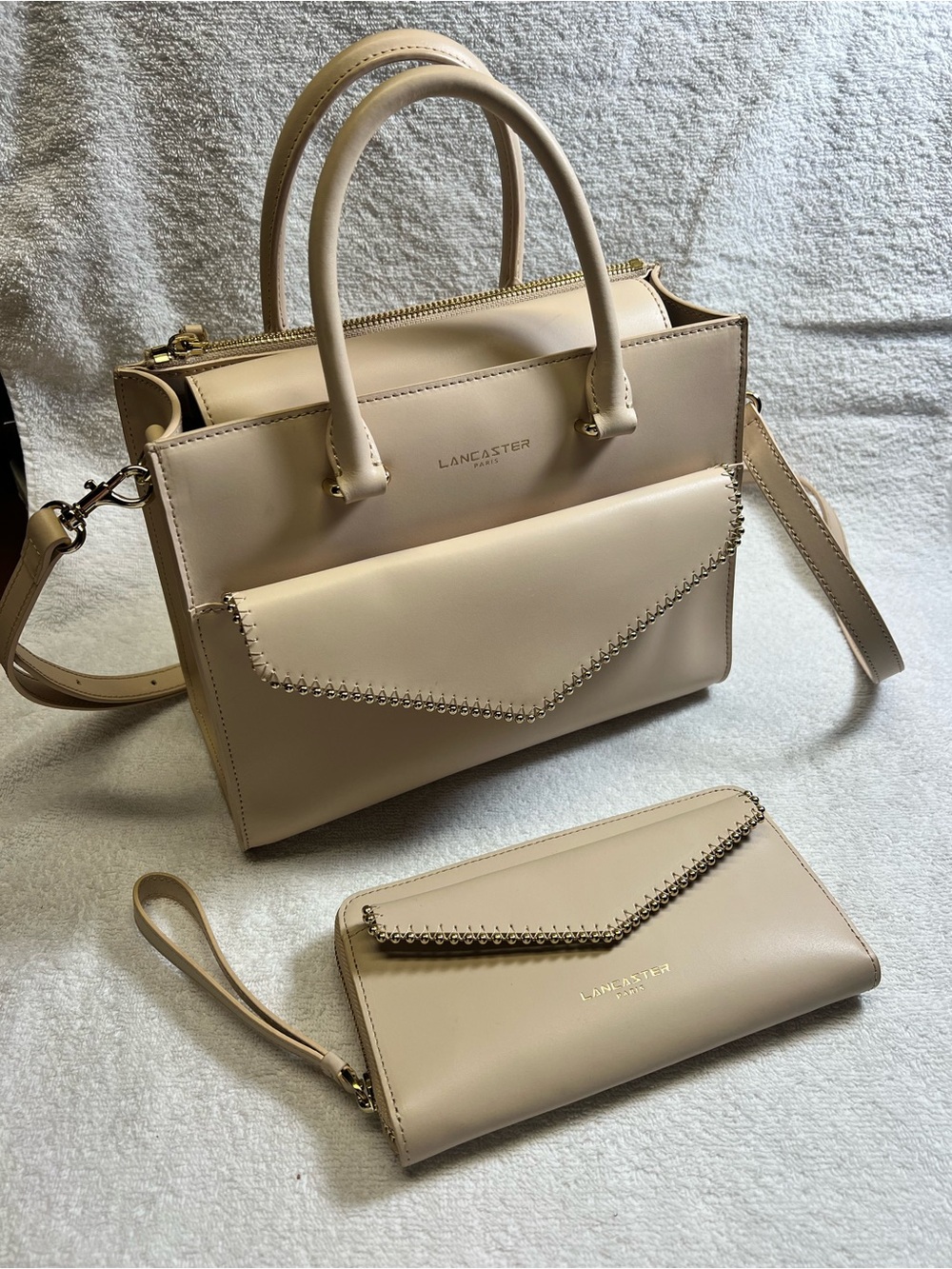 Lancaster Paris Gift Set Leather Beige Purse + Wallet
